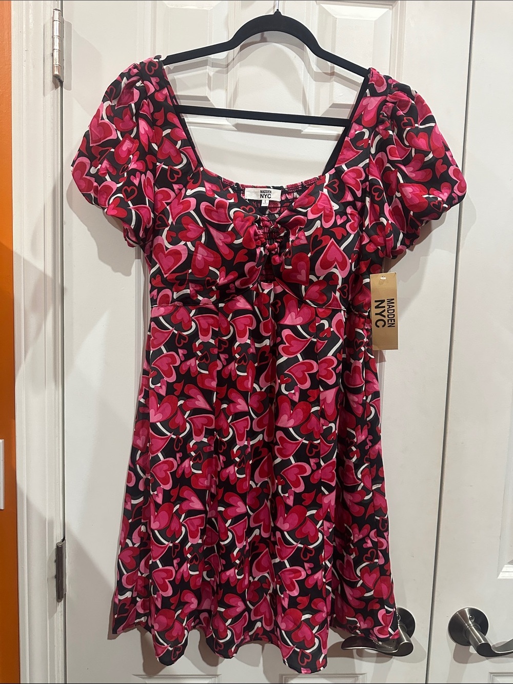 NEW Madden NYC Pink Heart Print Puff-Sleeve Dress size L